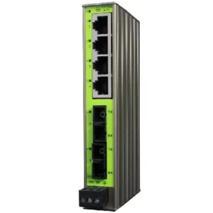 Switch industriel Terz NITE-RS42-11000 avec 6 ports Ethernet et 2 ports fibre SC duplex, monté sur rail DIN, conçu pour des environnements industriels exigeants avec protection IP40.